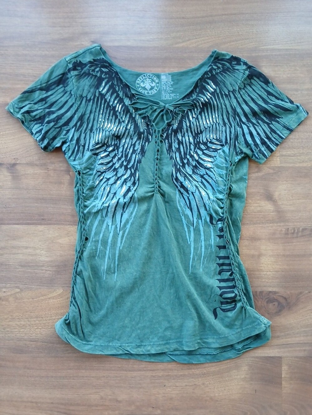 Affliction Winged Raw Edged V-Neck Tee, Size S